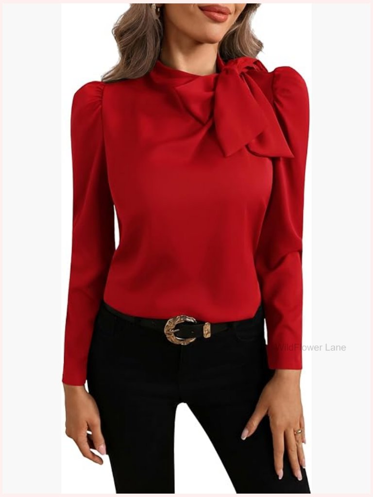 Puff Long Sleeve Bow Tie Blouse Work Shirt Elegant Tops